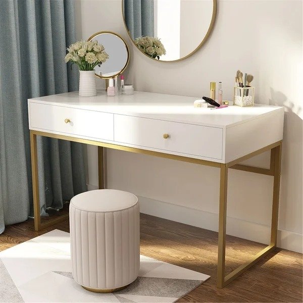 47 Inches Computer Desk with 2 Drawers, Writing Desk - Gold/White