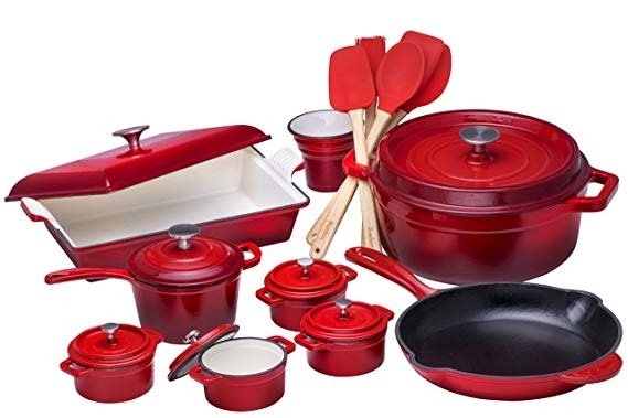 21 Piece Enameled Cast Iron Cookware Set, Fire Red