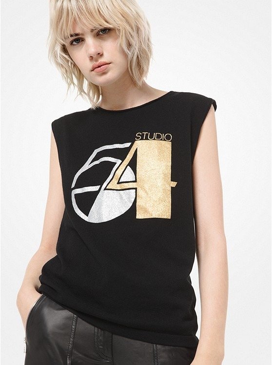 Studio 54 Glitter Print Cashmere Sleeveless T-Shirt
