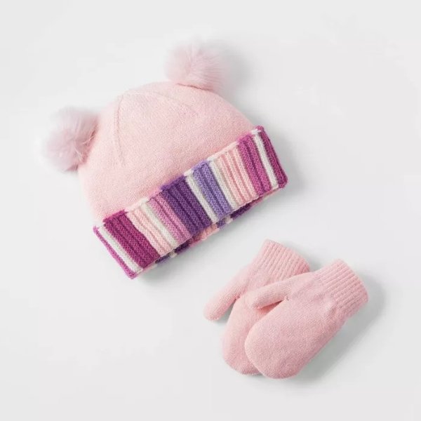 Toddler Girls' 2pk Rainbow Double Striped Cuffed Beanie with Magic Mitten - Cat & Jack™ Pink