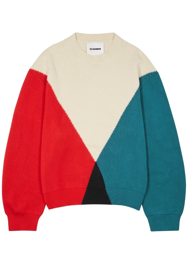 Colour-blocked cotton-blend jumper