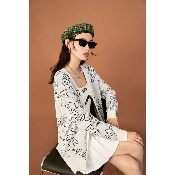 Allover Letter Print Oversized Knit Cardigan | Peacebird Women Fashion