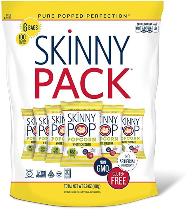 SkinnyPop White Cheddar Popcorn, Skinny Pack, 6ct, Halloween Treats, Halloween Snacks for Trick or Treat, 0.65oz Individual Snack Size Bags, Skinny Pop, Healthy Popcorn Snacks, Gluten Free