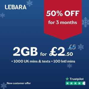 9折+前3个月半价 低至£2.25/月Lebara 12个月2GB套餐优惠  含100分钟国际通话