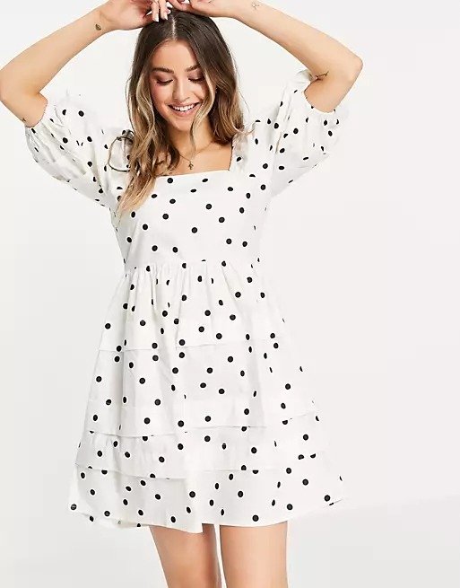 puff sleeve cotton poplin mini dress in polka dot | ASOS