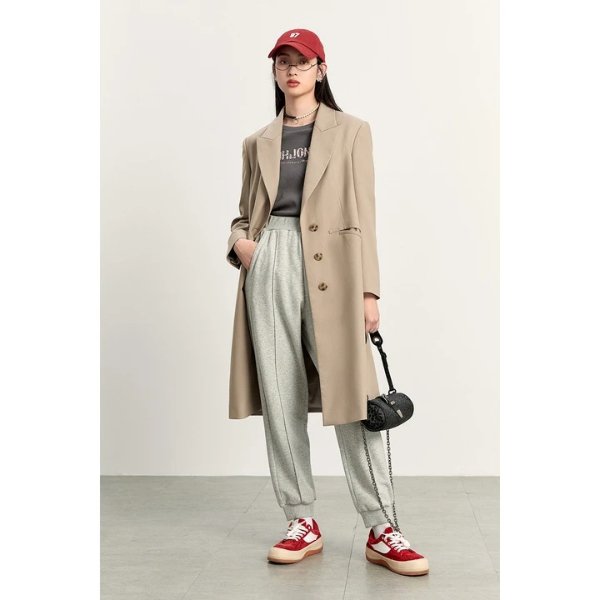 Solid Lapel Collar Gray Green Trench coat | Peacebird Women Fashion