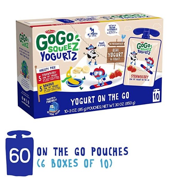 YogurtZ, Variety Pack (Strawberry/Banana), 3 Ounce (60 Pouches), Low Fat Yogurt, Gluten Free, Healthy Snacks, Recloseable, BPA Free Pouches