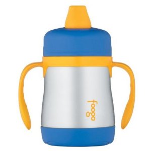 THERMOS FOOGO Vacuum Insulated Stainless Steel 7-Ounce Soft Spout Sippy Cup with Handles, Blue/Yellow
