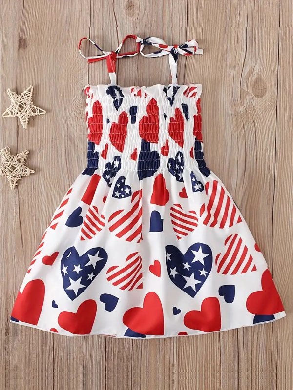 Toddler Girls Tie Dye Pentagram Graphic Frill Trim Shirred Bow Shoulder Cami Dress For Independence Day Kids Summer Clothes