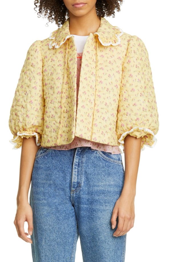 Butterfly Quilted Rosebuds Print Crop Jacket