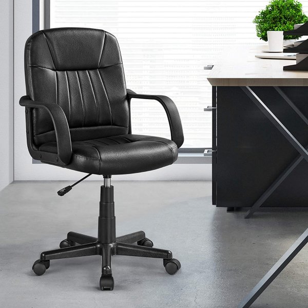 Leather Office Desk Chair for Teens Height Adjustable Ergonomic Swivel Chair Mid-Back Executive Task Chair Conference Chair with Lumbar Support