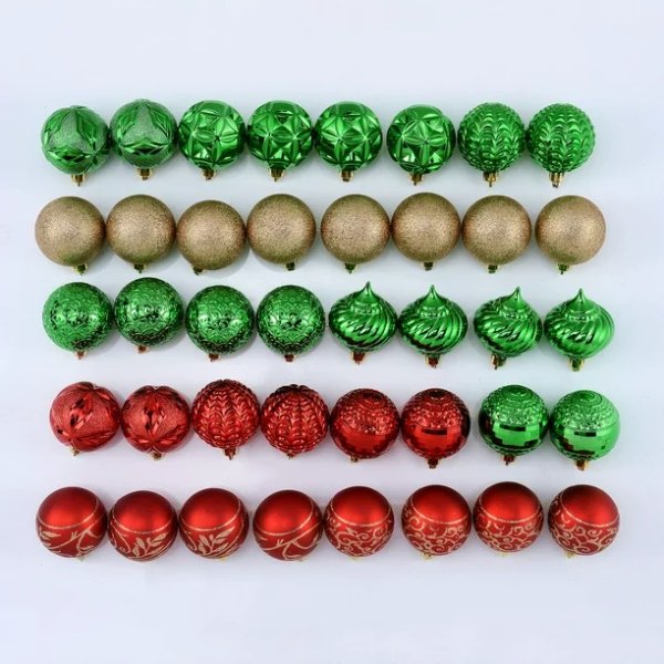 40-Count Christmas Shatterproof Ornaments- Red, Green & Gold