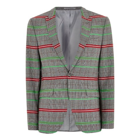 Gray With Green And Red Check Skinny Suit Jacket