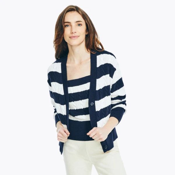 Womens Striped Cable-Knit Cardigan