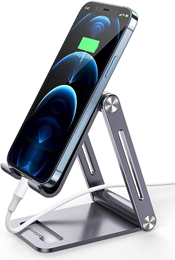 Cell Phone Stand Adjustable Aluminum Mobile Phone Holder for Desk Compatible for iPhone 12 Pro Max 11 X SE XS XR 8 Plus 6 7 6S Samsung Galaxy Note20 S20 S10 S9 S8 S7 Smartphone Foldable