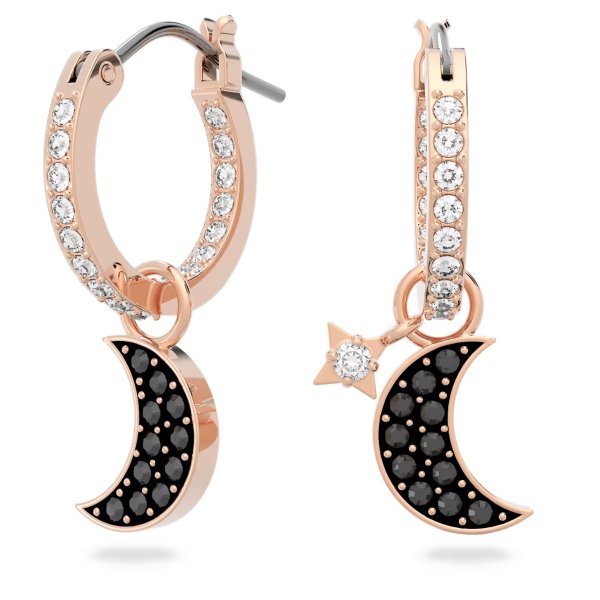 Symbolic Moon Hoop Pierced Earrings, Black, Rose-gold tone plated by