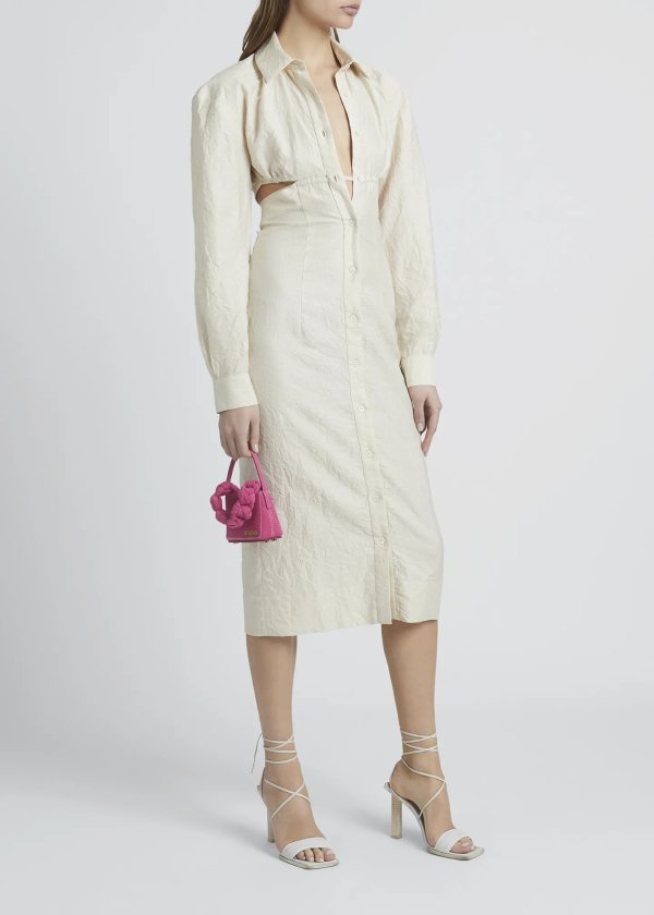 Cotton-Linen Collared Button-Front Midi Dress