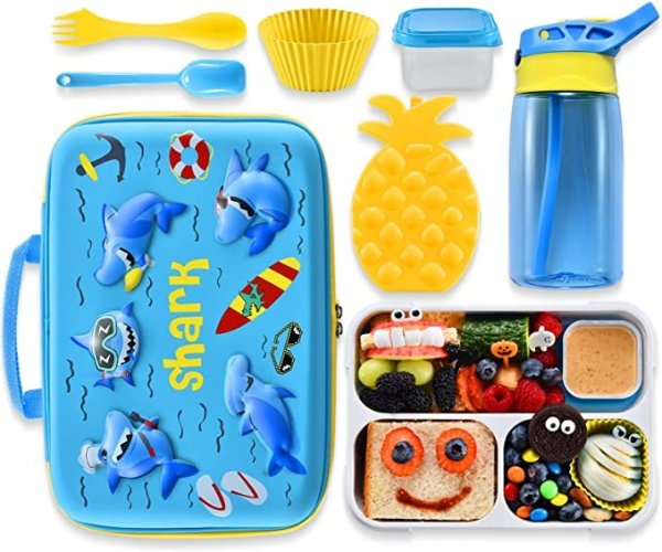 Shark Lunch Bag Lunch Box Set, Include 3D Insulated Cooler Bag & Leakproof Water Bottle Pineapple Ice Pack Multipurpose Spork Spoon Silicone Cups Salad Box, Great for School Girls or Boys