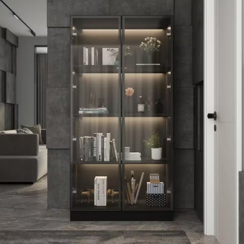 63 in. H x 31.5 in W Black Wood 3-Shelf Bookcase Bookshelf With 3-Color LED Lights and Tempered Glass Doors