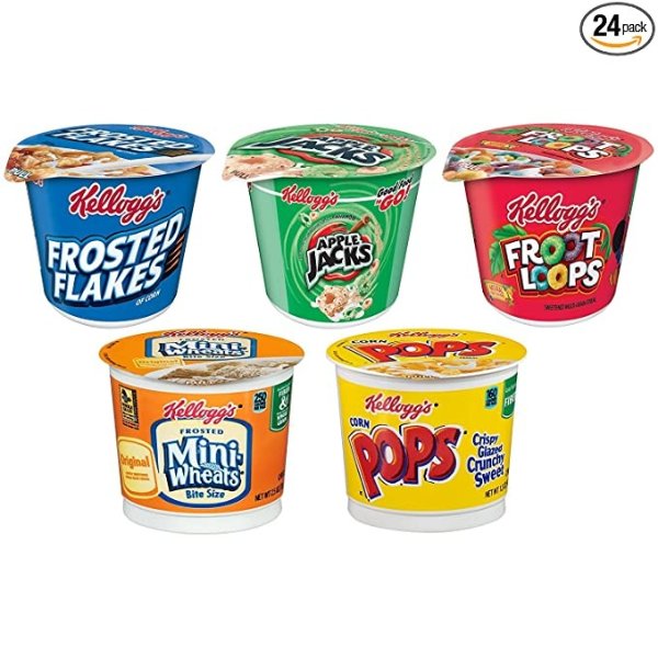 Kellogg's Cereal in a Cup Variety Pack - 5 Tasty Flavors, Portable Breakfast (Pack of 24 Cups)