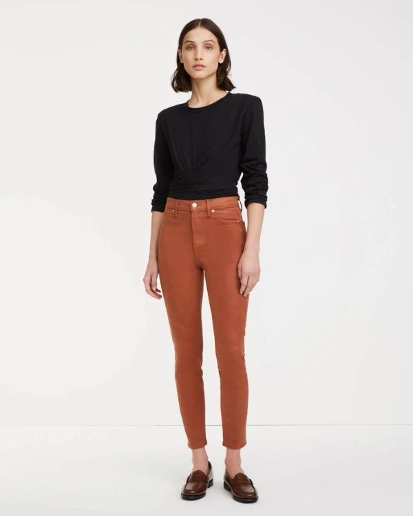 High Waist Ankle Skinny With Faux Pockets In Coated Spice