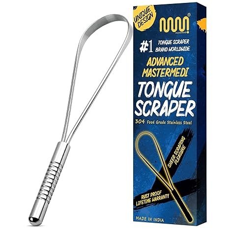MasterMedi Tongue Scraper, Bad Breath Treatment for Adults & Kids, Medical Grade 100% Stainless Steel Tongue Scrapers for Oral Care, Easy to Use Tongue Cleaner with Ergonomic Design for Hygiene