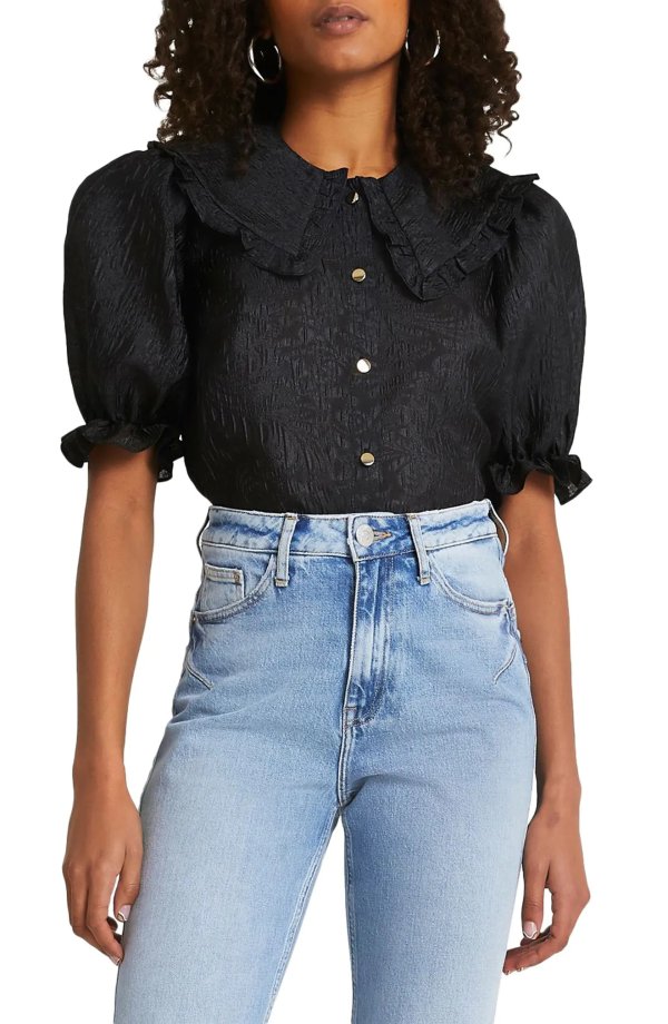Puff Sleeve Peter Pan Button-Up Blouse