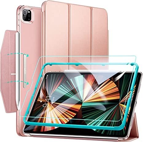 适用 12.9" iPad Pro 2021 三折叠保护套+钢化玻璃膜 玫瑰金