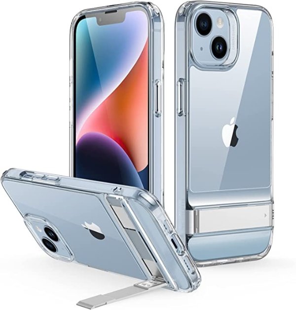 Metal Kickstand Case Compatible with iPhone 14 Plus case, 3 Stand Modes, Military-Grade Drop Protection, Supports Wireless Charging, Slim Back Cover with Patented Kickstand, Clear
