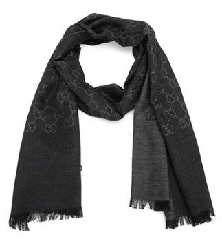 - Black/Dark Grey GG Monogram Webbing Reversible Wool and Silk Blend Scarf