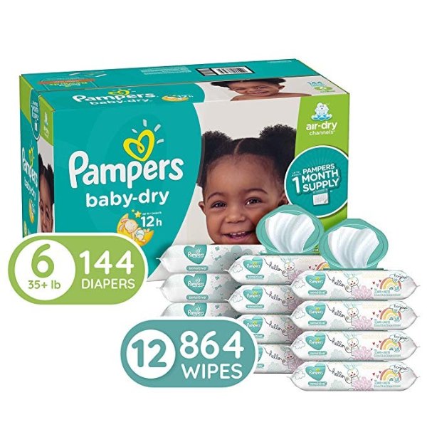 Diapers Size 6, 144 Count and Baby Wipes - Pampers Baby Dry Disposable Baby Diapers, ONE Month Supply with Pampers Sensitive Water Baby Wipes, 864 Count