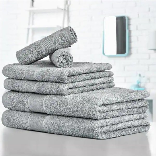 6-Piece Silver Carded 100% Cotton Towel Set : 2 bath :2 hand :2 Washcloth