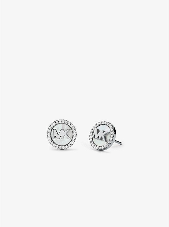 Precious Metal-Plated Sterling Silver Pave Logo Stud Earrings