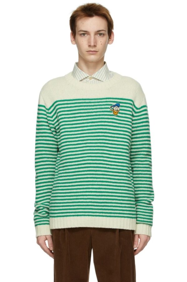 Beige & Green Disney Edition Striped Donald Duck Sweater