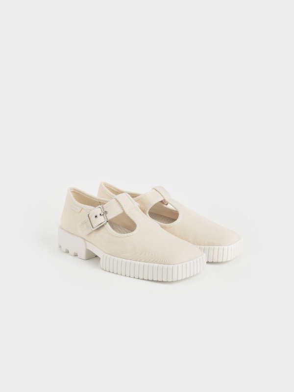Cream Cotton Buckled Sneakers | CHARLES &amp; KEITH