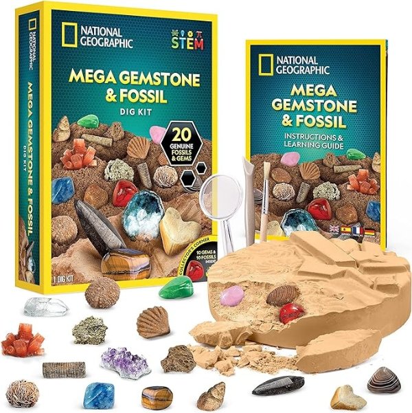 GEOGRAPHIC Mega Fossil and Gemstone Dig Kits - Excavate 10 Real Fossils and 10 Real Gems, Great STEM Science Gift for Mineralogy and Geology Enthusiasts of Any Age