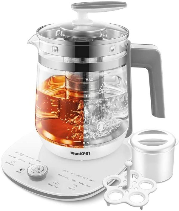 电热水壶温度控制玻璃茶壶可编程控制茶壶，2 升不锈钢茶壶和咖啡壶，带泡茶器、煮蛋器和酸奶盒，白色