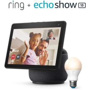 Ring A19 Smart LED Bulb, White, bundle with All-new Echo Show 10 (3rd Gen)