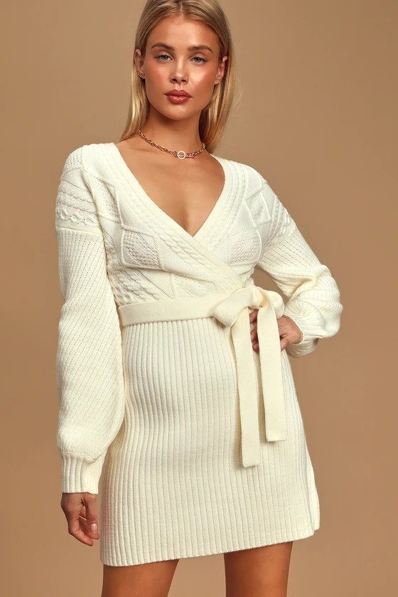 Timeless is More White Cable Knit Balloon Sleeve Sweater Dress