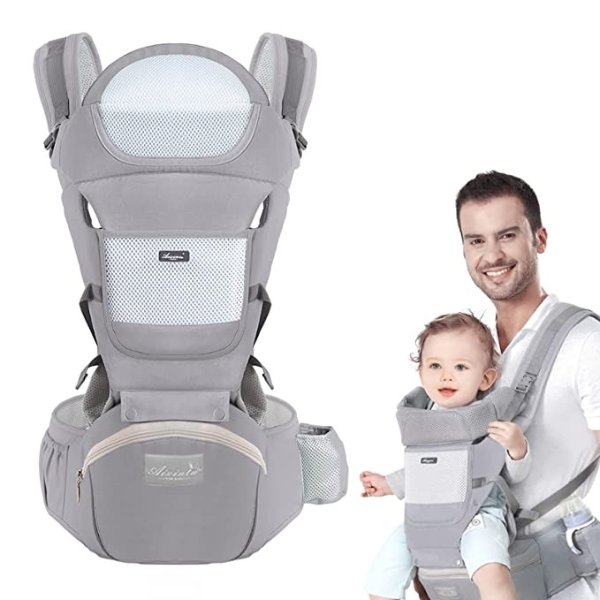 Baby Carrier with Hip Seat, Multi-Functional 9 in 1 Baby Carrier Newborn to Toddler for All Seasons All-Position, Baby Backpack Carrier for Child, Toddler, Infant, Newparents (7-40Lb) (Grey)