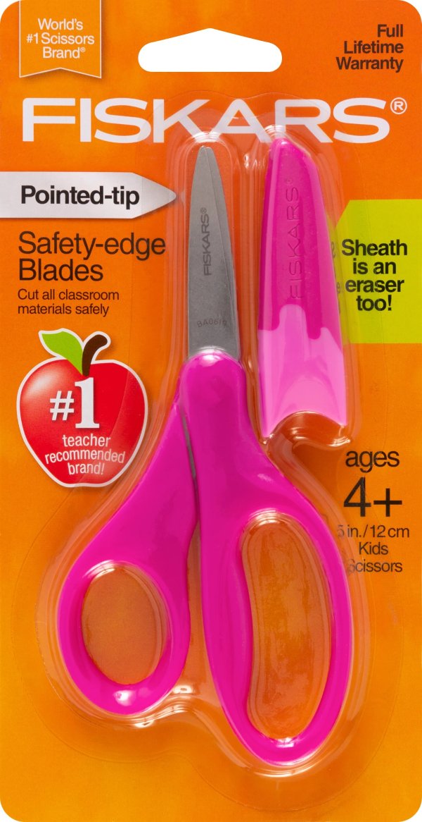 Pointed-tip Kids Scissors (5 in.) with Sheath &ndash; Pink, School Supplies