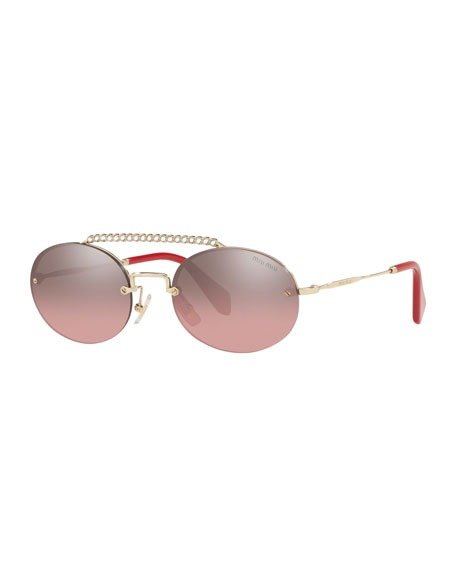 Semi-Rimless Oval Mirrored Sunglasses w/ Crystal Embellishment