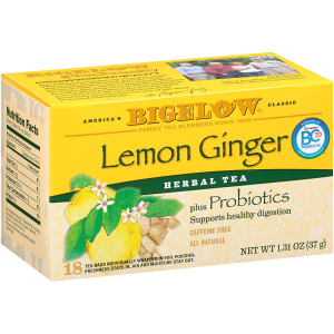Bigelow Lemon Ginger plus Probiotics Herbal Tea bags, 18 Count Box (Pack of 6)