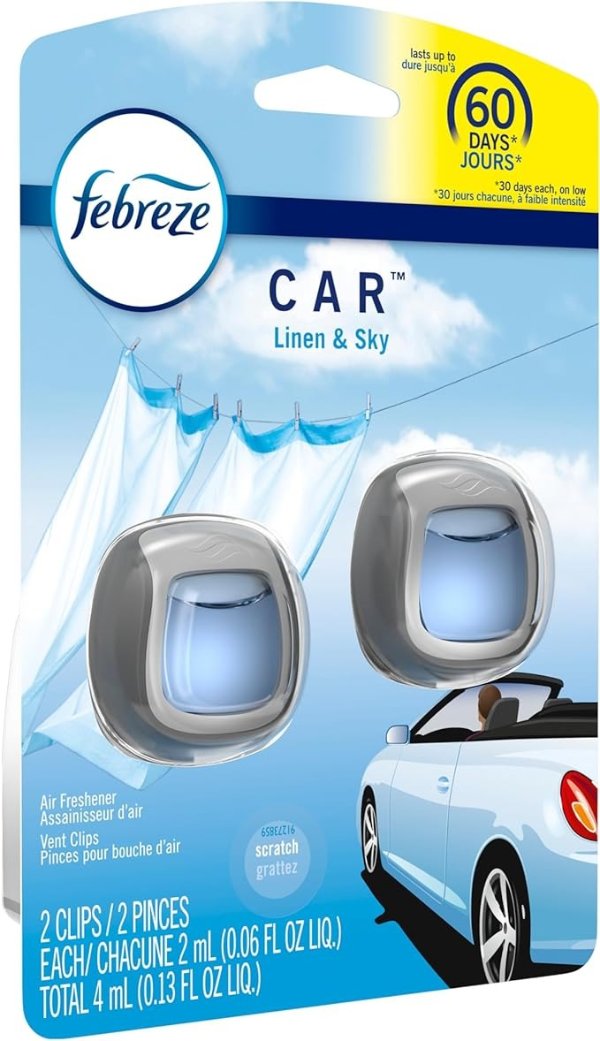 Car Air Freshener Vent Clip Linen & Sky Scent, 06 oz. Car Vent Clip, 2 Count