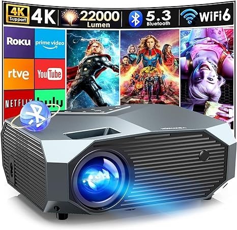 YOWHICK 4K Projector with WiFi and Bluetooth, 12000L Native 1080P Outdoor Portable Movie Projector, Smart Video Projector, 50% Zoom/400" Display, Compatible with HDMI/USB/PC/TV/PS5/DVD/Android/iOS