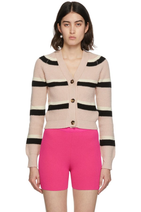 Pink Wool Rib Stripe Cardigan