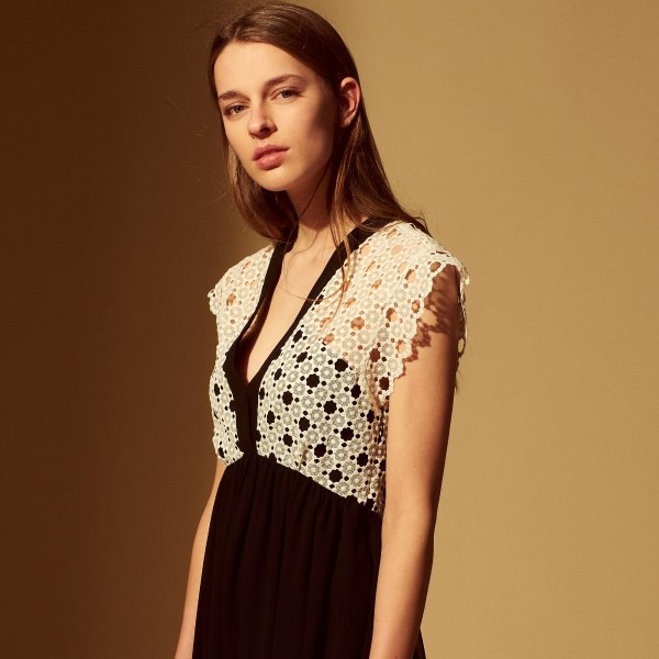 Mid-length dress with floral lace inset