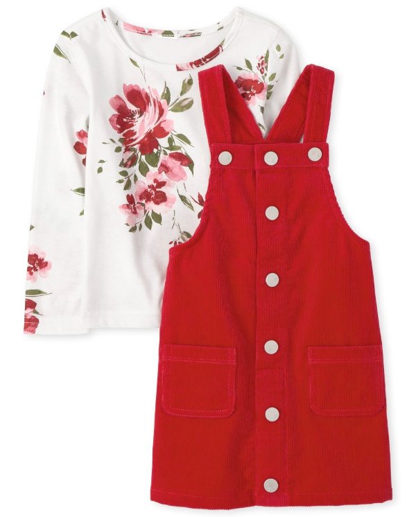 Toddler Girls Long Sleeve Floral Print Top And Corduroy Skirtall Outfit Set