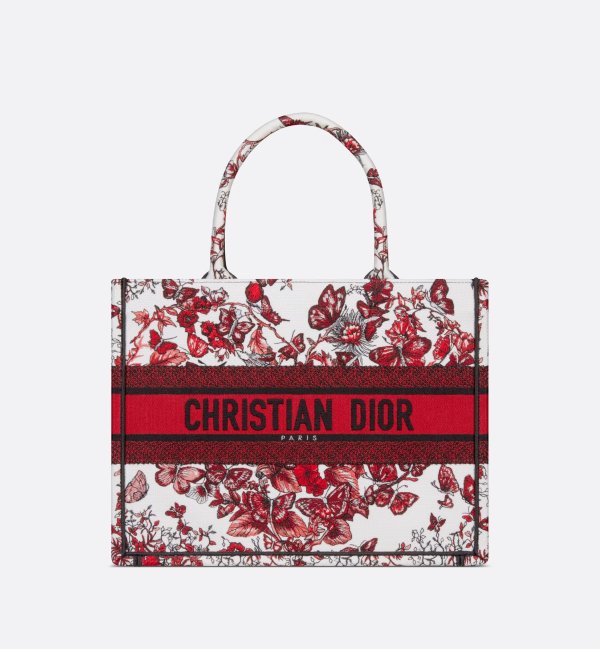 Medium Dior Book Tote White and Red Le Coeur des Papillons Embroidery (36 x 27.5 x 16.5 cm)