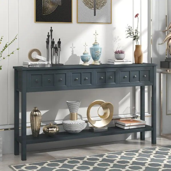 Rustic 60 in. Navy Standard Rectangle Wood Console Table with 4-Drawers and Bottom Shelf